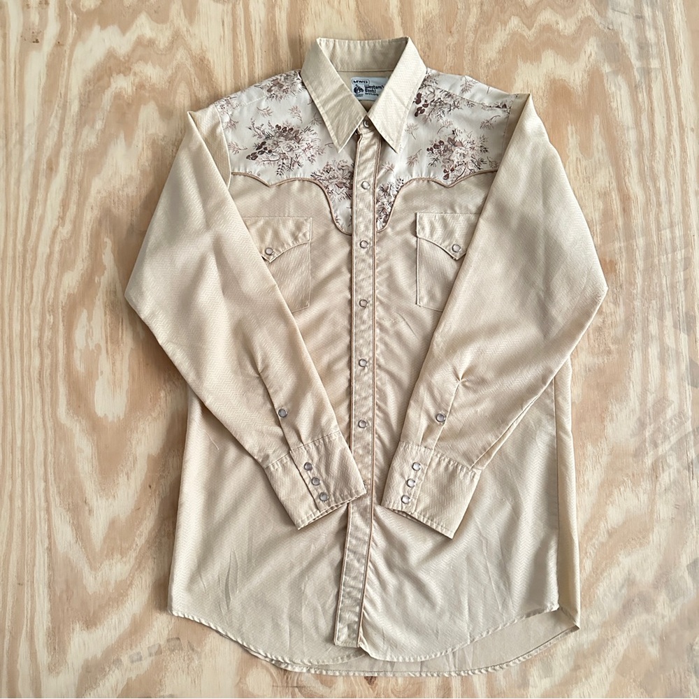 Vintage MWG Men’s Adult Casual Cream Western Shirt with Floral Embroidery